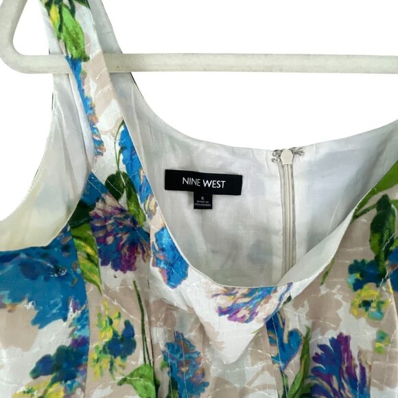 Nine West Womens Floral Striped Sundress Sz 6 Blue Tan Sleeveless Casual Summer - Picture 3 of 13